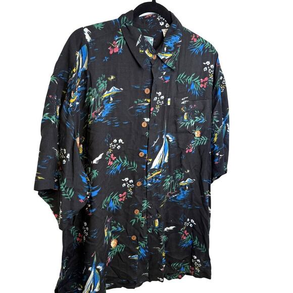 Vintage 90s Hawaiian Shirt Men’s XLBlack Sailboat Palm Tree Tropical Floral - Picture 1 of 3